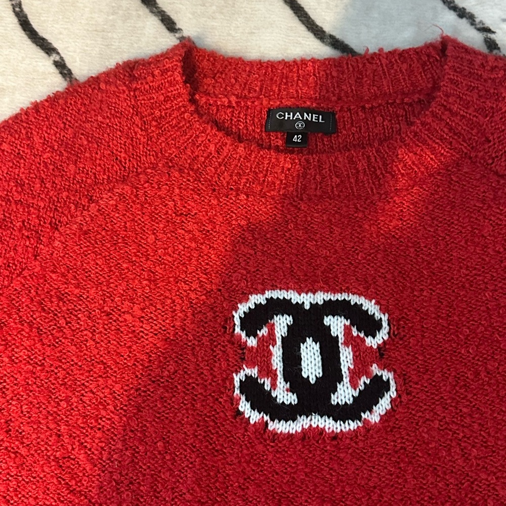 Chic Red Crewneck Sweater with Chanel Emblem